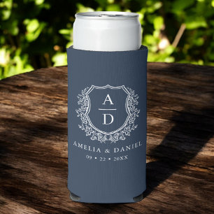 Navy Blue Crest Modern Monogram Wedding Seltzer Can Cooler