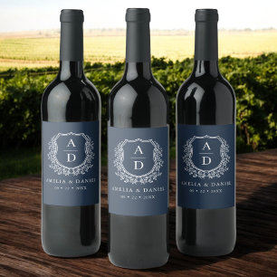 Navy Blue Crest Modern Monogram Wedding  Wine Label