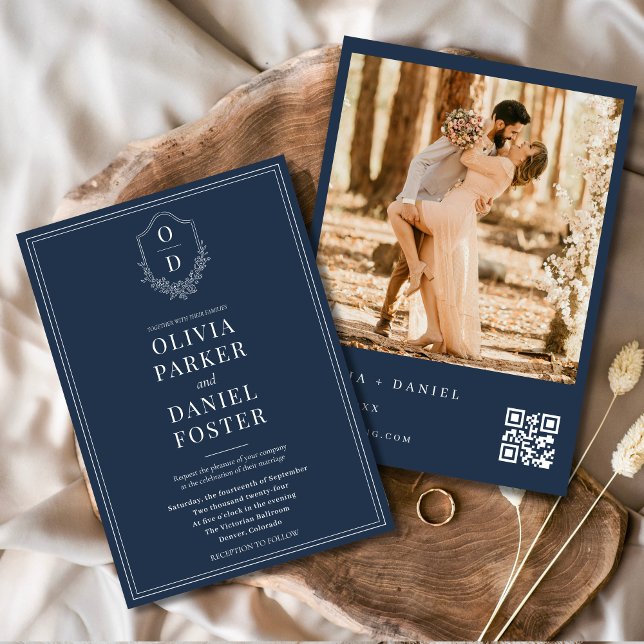 Navy Blue Crest QR Code Photo Elegant Wedding Invitation (Creator Uploaded)