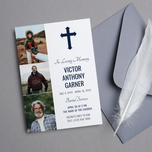 Navy Blue Cross 3 Photos White Burial Service Invitation (Creator Uploaded)