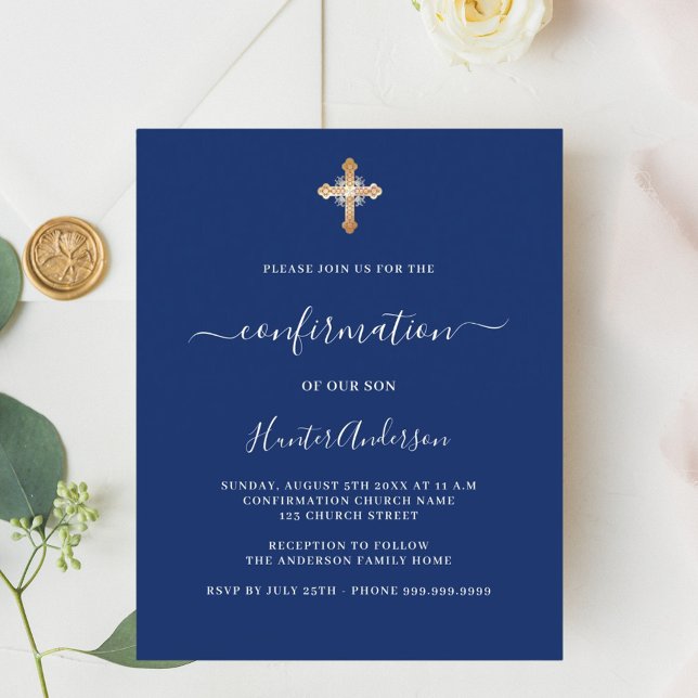 Navy blue cross boy confirmation invitation (Creator Uploaded)
