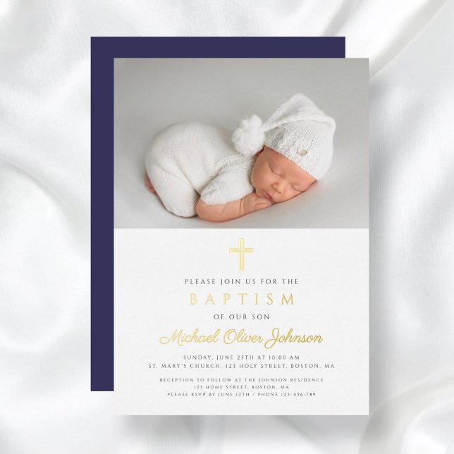 Navy Blue Cross Boy Photo Baptism Gold (Navy Blue Cross Boy Photo Baptism Gold Foil Invitation)