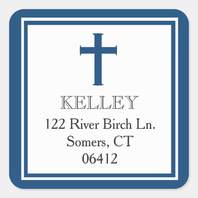 Navy Blue Cross First Communion Address Square Sticker (Front)
