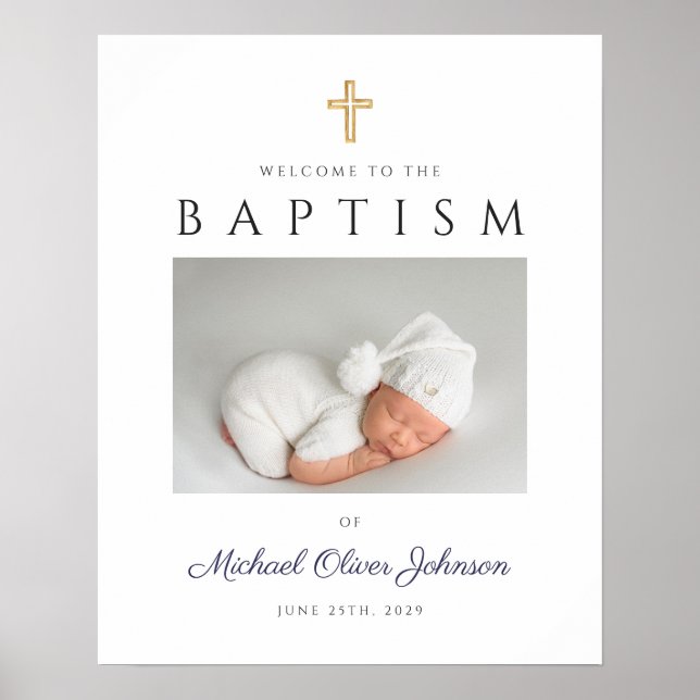 Navy Blue Cross Photo Boy Baptism Welcome  Poster (Front)