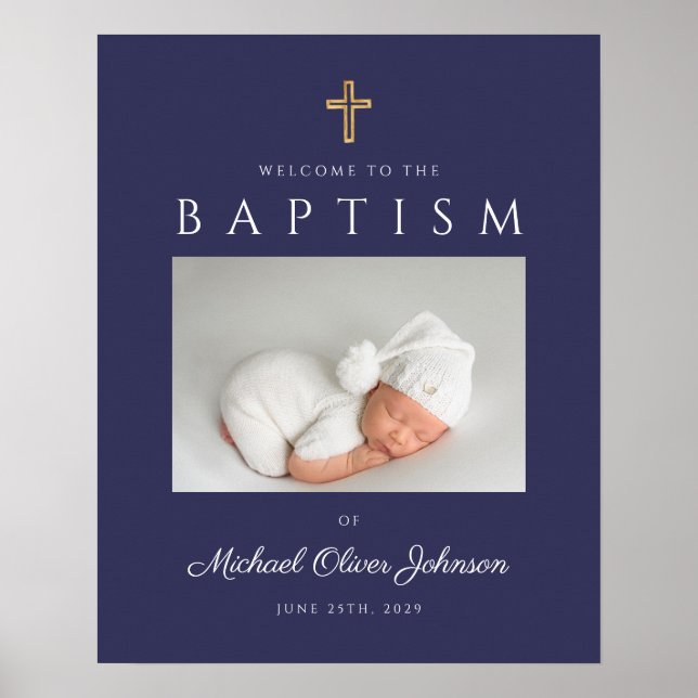 Navy Blue Cross Photo Boy Baptism Welcome  Poster (Front)