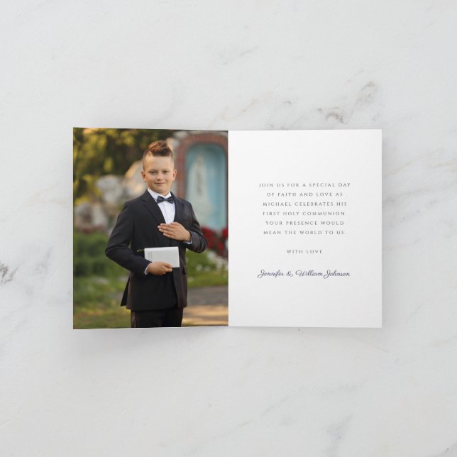 Navy Blue Cross Photo Boy First Communion Invitation (Inside)