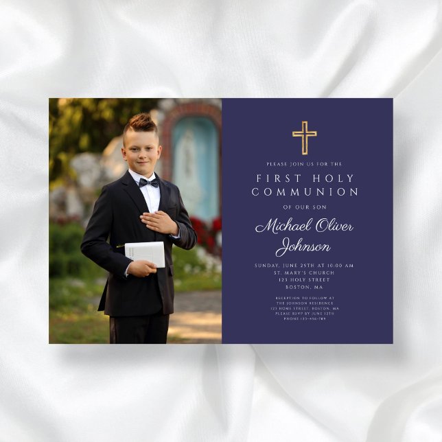 Navy Blue Cross Photo Boy First Communion  Invitation (Navy Blue Cross Photo Boy First Communion Invitation)