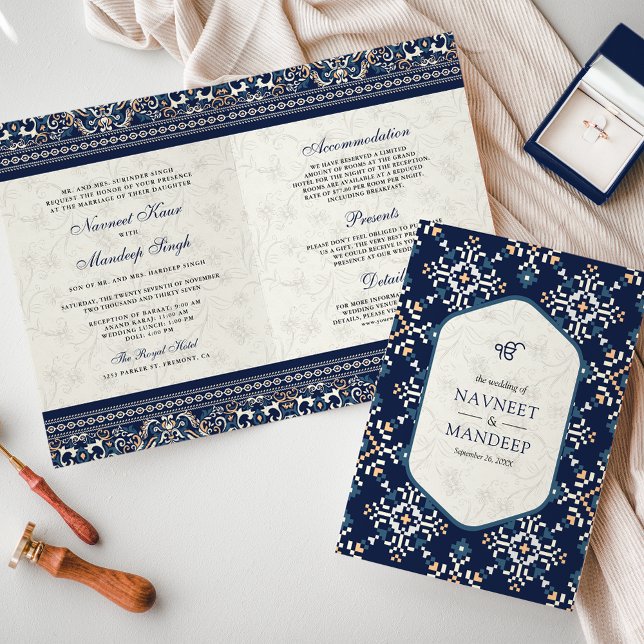 Navy Blue Cross-stitch All in One Sikh Wedding Invitation (Creator Uploaded)