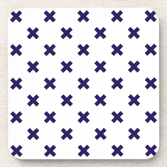 Navy blue cross stitches on white coaster (Front)