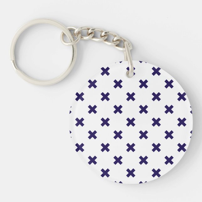 Navy blue cross stitches on white key ring (Front)