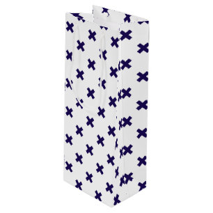 Navy blue cross stitches on white wine gift bag