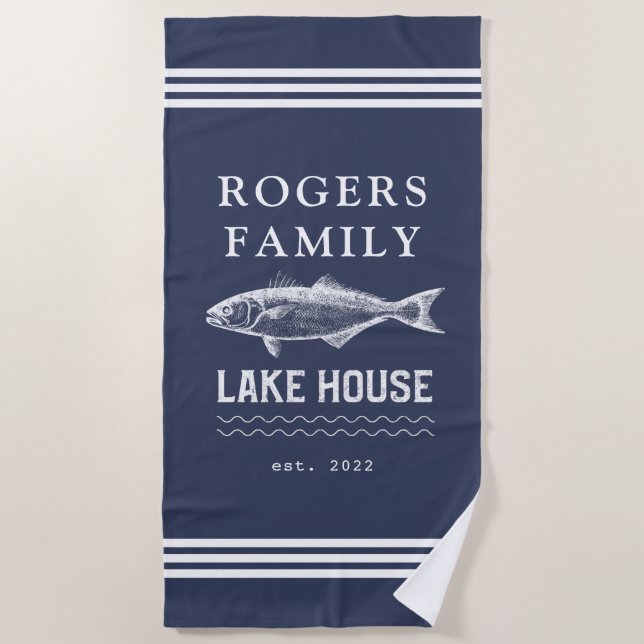 Navy Blue Custom Family Lake House Beach Towel (Front)