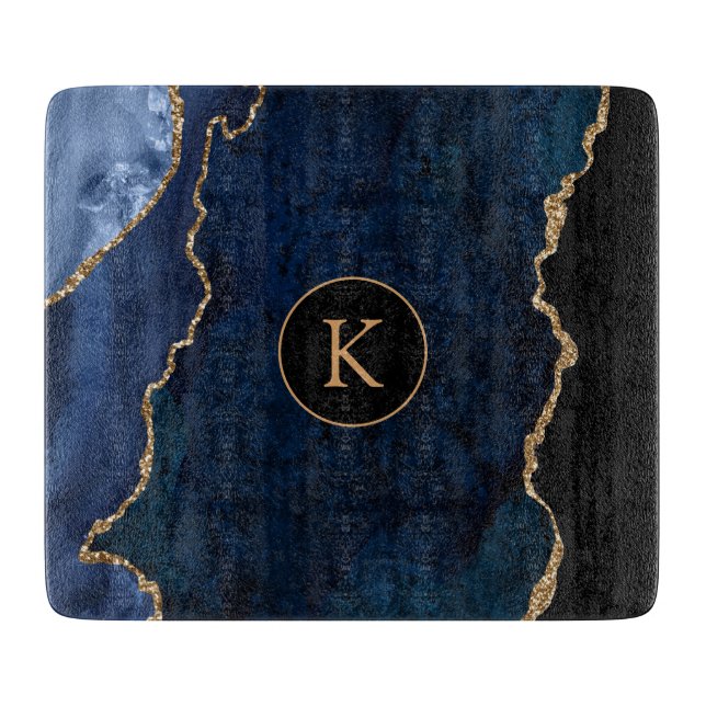 Navy Blue Custom Monogram Agate Cutting Board (Front)