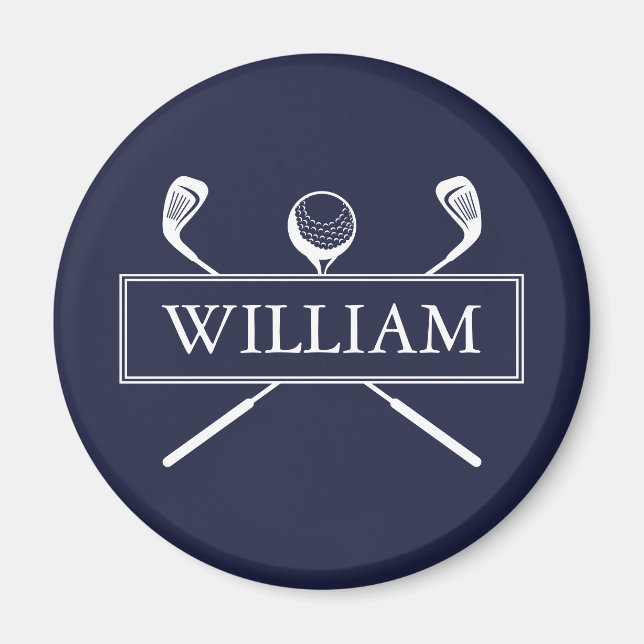 Navy Blue Custom Name Golf Ball Clubs Magnet (Front)