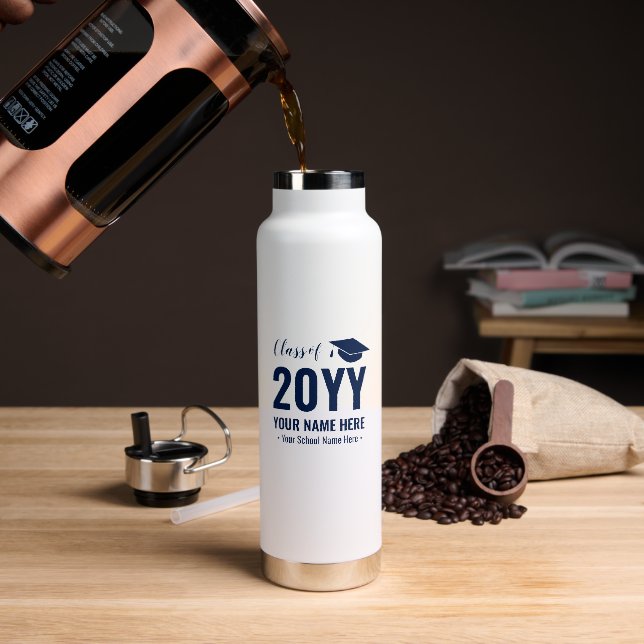 Navy Blue Custom Name Graduation Gift Water Bottle (Coffee)