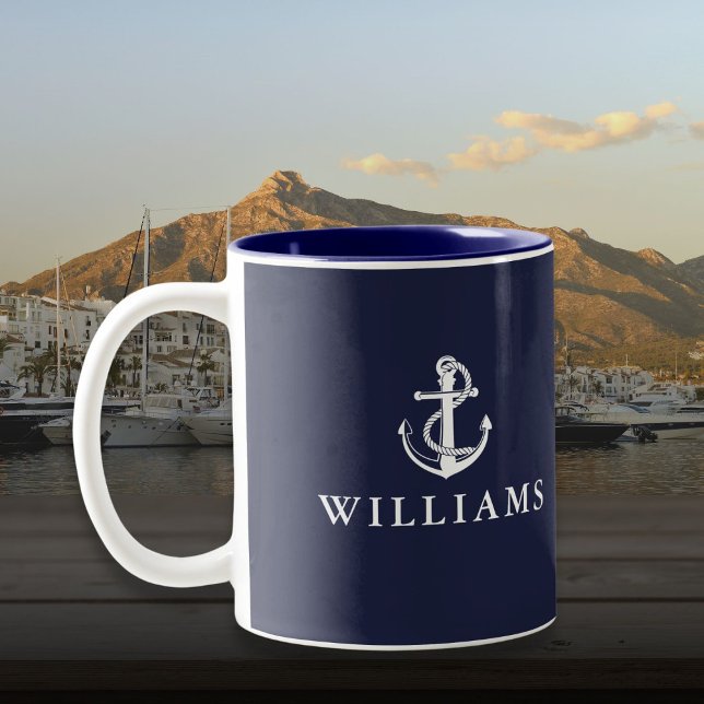Navy Blue Custom Name Nautical Boat Anchor Two-Tone Coffee Mug (Navy Blue Custom Name Nautical Boat Anchor Two-Tone Coffee Mug)