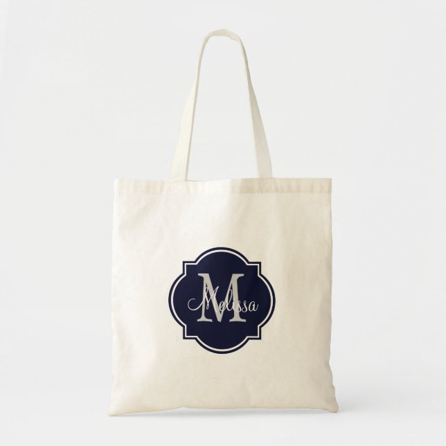 Navy Blue Custom Personalised Monogram Tote Bags (Front)