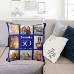 Navy blue custom photo collage birthday cushion<br><div class="desc">A unique gift for a 21st birthday,  celebrating her life with a collage of 8 of your own photos,  pictures.  Personalise and add her name,  age and a date. A navy blue background,  white text.   The name is written with a modern hand lettered style script.</div>