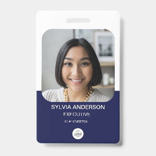 Navy Blue Custom Photo Employee ID Logo QR Code Badge