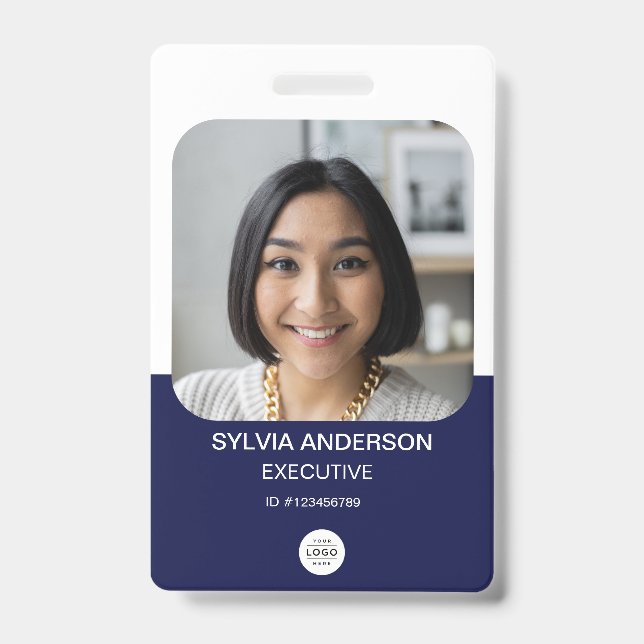 Navy Blue Custom Photo Employee ID Logo QR Code Badge (Front)