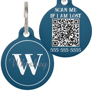 Navy Blue Custom QR Code and Monogram Pet Name Pet Tag