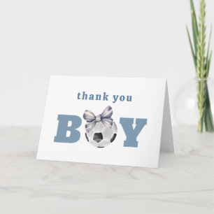 Navy Blue Cute Bow Soccer Boy Baby Shower Thank You Card