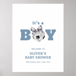 Navy Blue Cute Bow Soccer Boy Baby Shower Welcome Poster