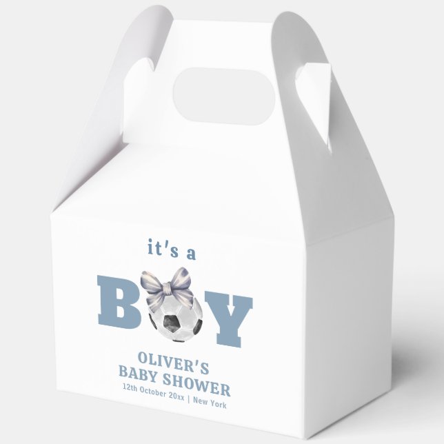 Navy Blue Cute Bow Soccer It's A Boy Baby Shower  Favour Box (Back)