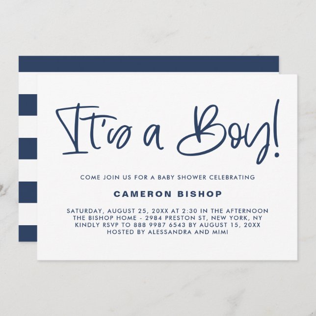 Navy Blue Cute Calligraphy It's a Boy Baby Shower Invitation (Front/Back)