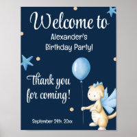 Navy Blue Cute Dragon and Balloon Birthday Welcome