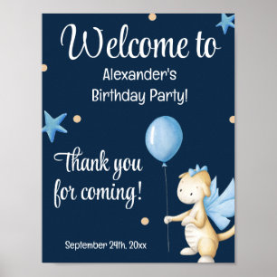 Navy Blue Cute Dragon and Balloon Birthday Welcome Poster