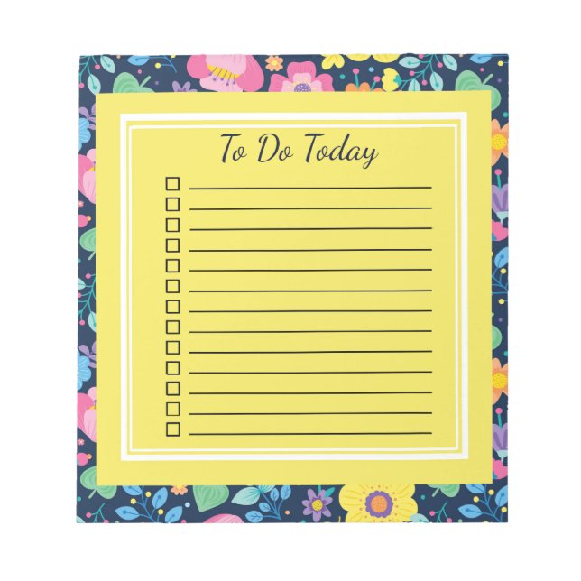 Navy Blue Cute Flowers Check Box To Do Notepad (Front)