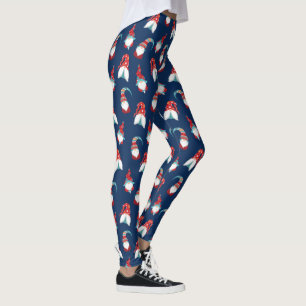 Navy Blue Cute Gnome Elf Modern Nordic Pattern Fun Leggings