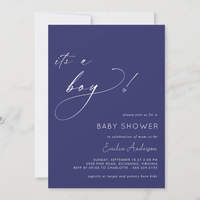 Navy Blue | Cute Simple It's a Boy Baby Shower Invitation (Front)