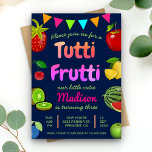 Navy Blue Cute Tutti Frutti Kids Birthday Party Invitation<br><div class="desc">Amaze your guests with this colourful kids birthday party invite featuring assorted fruits and vibrant typography against a dark blue background. Simply add your event details on this easy-to-use template to make it a one-of-a-kind invitation. Flip the card over to reveal a colourful stripes pattern on the back of the...</div>