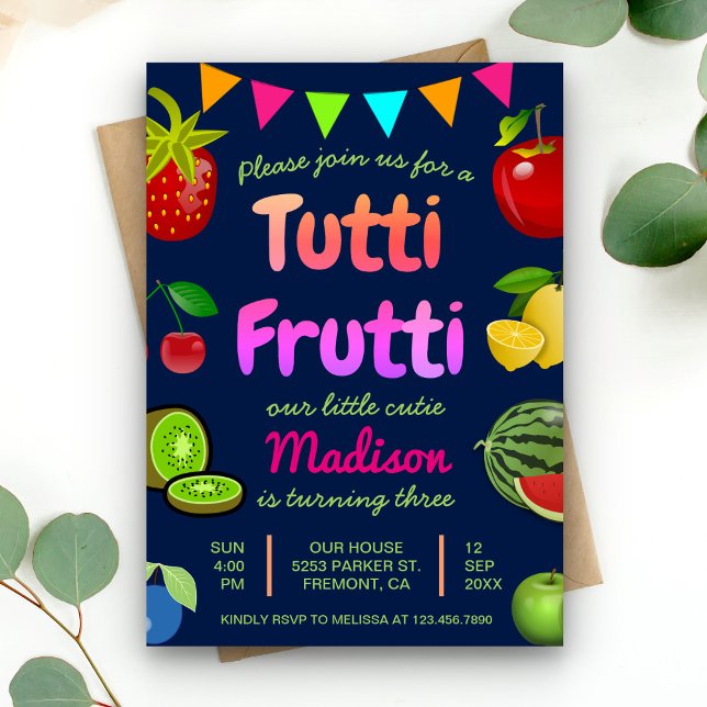 Navy Blue Cute Tutti Frutti Kids Birthday Party Invitation (Creator Uploaded)