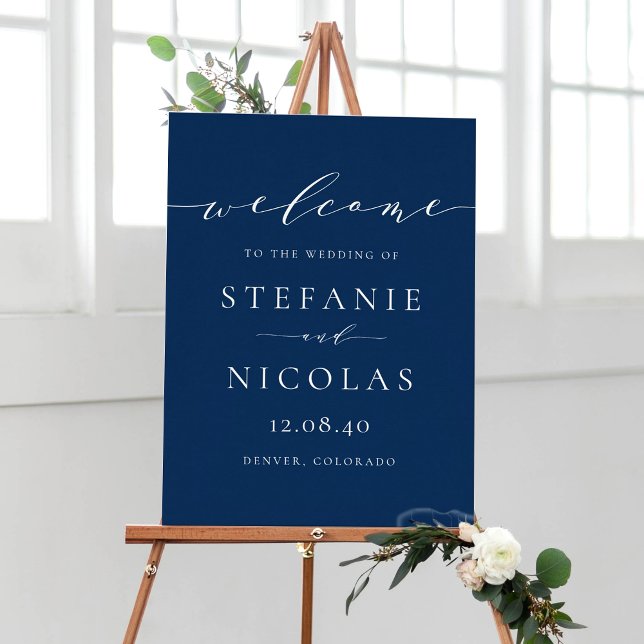 Navy Blue Dainty Script Wedding Welcome Sign (Customizable navy blue minimalist script wedding welcome sign)