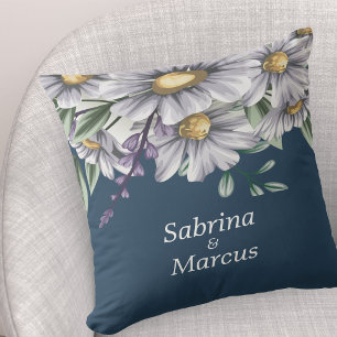 Navy Blue Daisy Floral Leaves Wedding Cushion