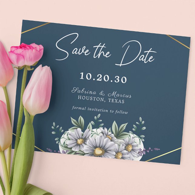Navy Blue Daisy Floral Wedding Save the Date Invitation (Creator Uploaded)
