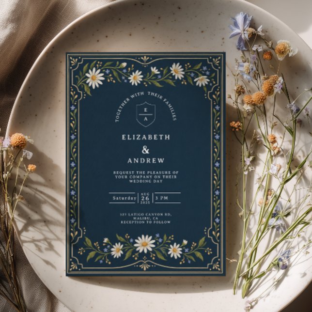 Navy Blue Daisy Wedding Invitation (Creator Uploaded)