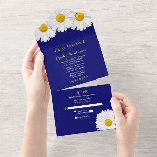 Navy Blue Daisy Wedding RSVP All In One Invitation