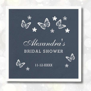 Navy Blue Daisy White Butterfly Bridal Shower Napkin
