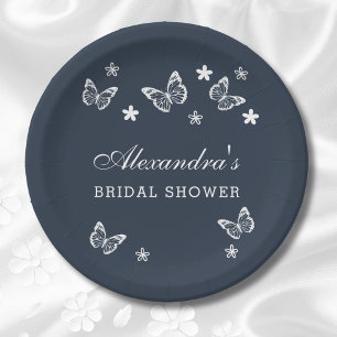Navy Blue Daisy White Butterfly Bridal Shower Paper Plate