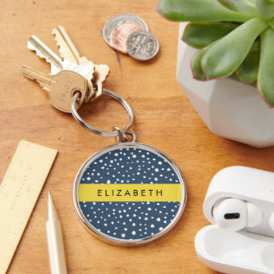 Navy Blue Dalmatian Dots, Spots, Dotted, Your Name Key Ring