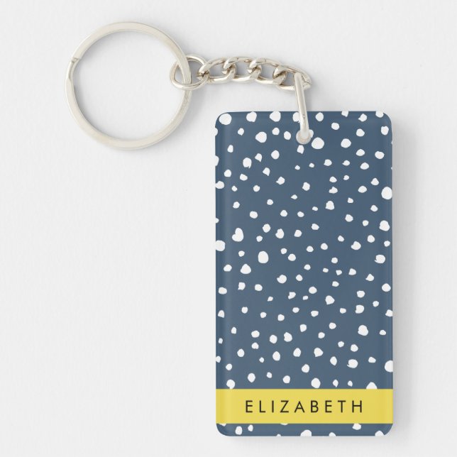 Navy Blue Dalmatian Dots, Spots, Dotted, Your Name Key Ring (Front)
