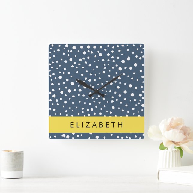 Navy Blue Dalmatian Dots, Spots, Dotted, Your Name Square Wall Clock (Home)