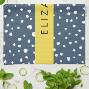 Navy Blue Dalmatian Dots, Spots, Dotted, Your Name Tea Towel