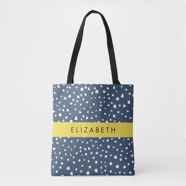 Navy Blue Dalmatian Dots, Spots, Dotted, Your Name Tote Bag (Front)