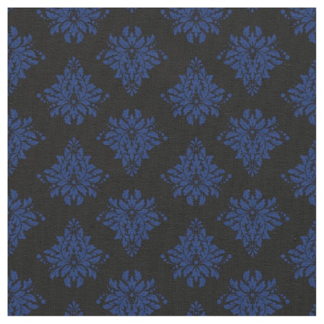 Navy Blue Damask on Black Fabric (Close Up)