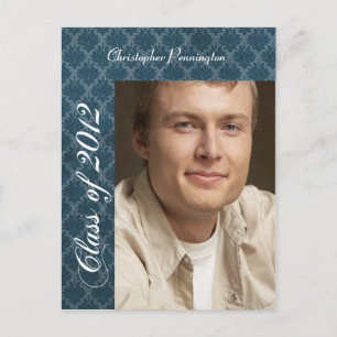 Navy blue damask photo graduation announcement postcard